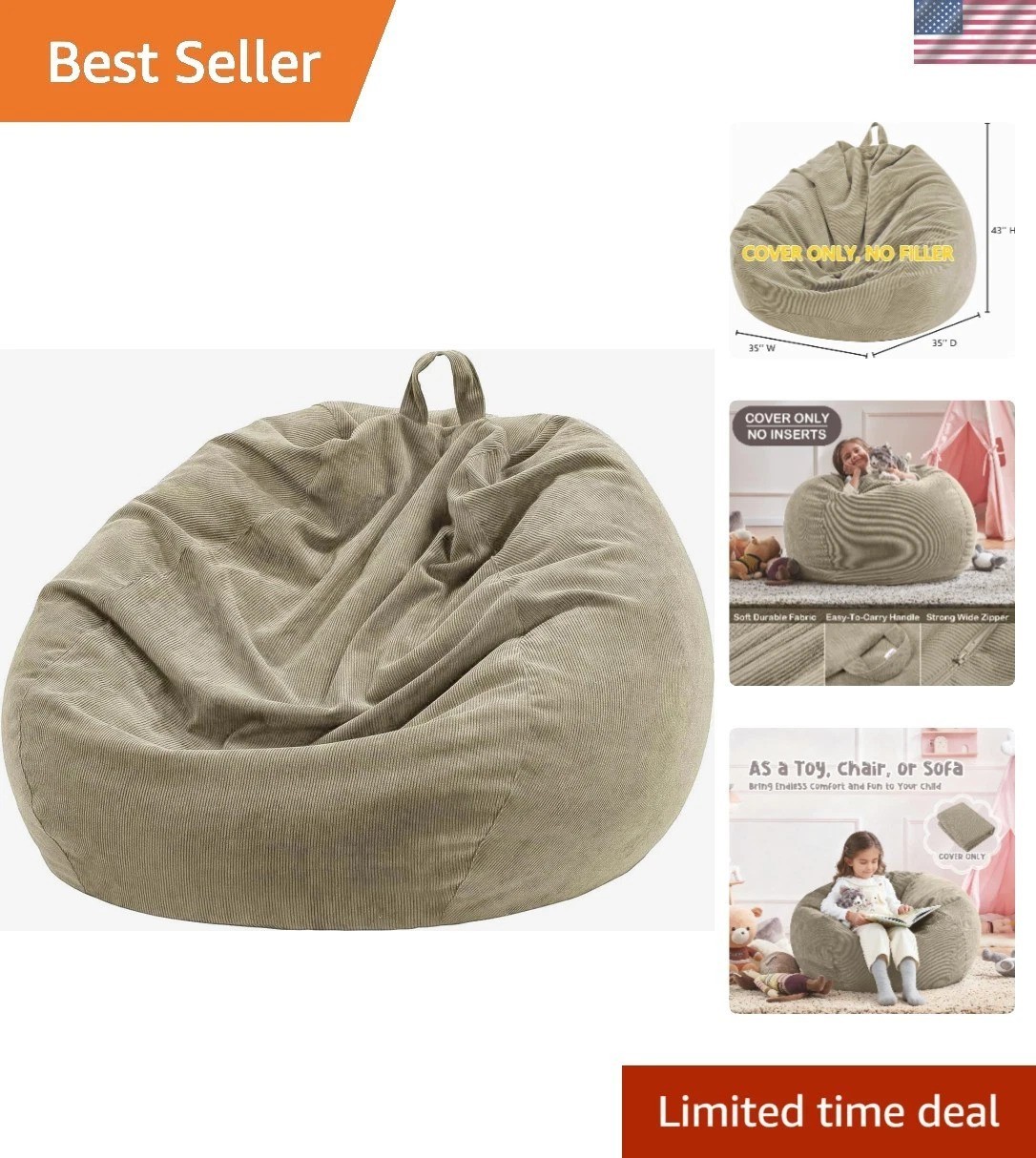 Adjustable Bean Bag Chair Cover 35" -  Corduroy for Gaming & Relaxation
