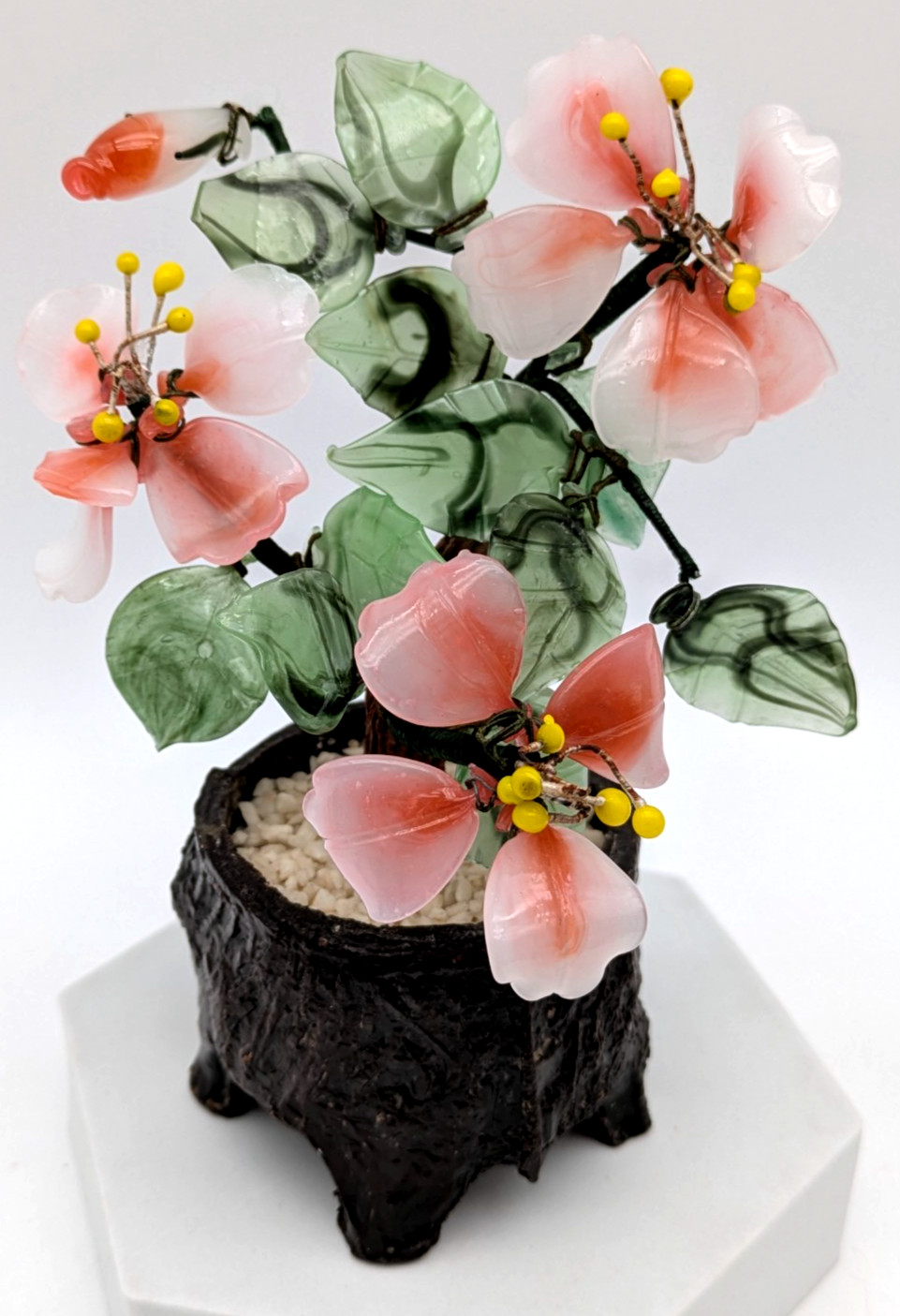 Asian Pink & Green Jade Glass Bonsai Flowers In Footed Pot Signed