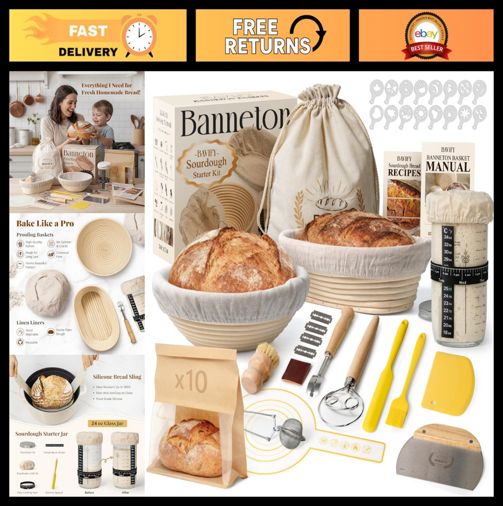 Sourdough Starter Kit - 9" & 10" Proofing Baskets, Jar & Baking Tools Set