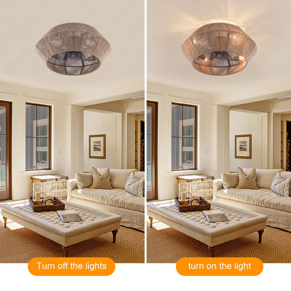 Rattan Caged Flush Mount Fan Light +Remote Control Ceiling Fan Boho Ceiling Fan
