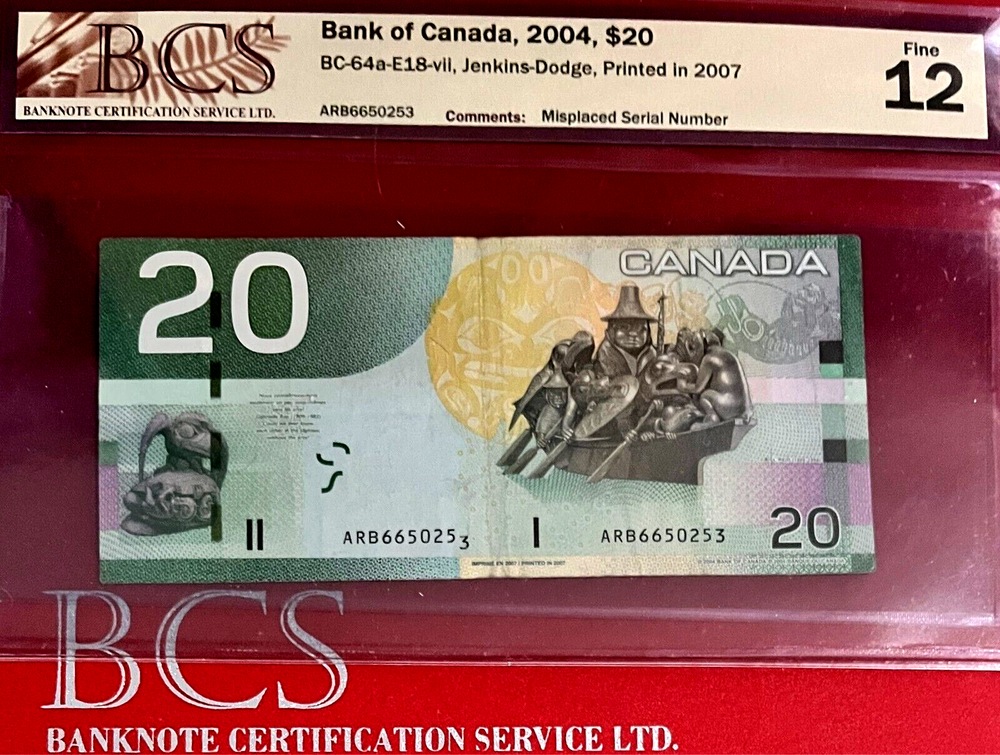 *EYECATCHING ERROR* MISPLACED S/N (DROPPED DIGIT) 2004 CANADA $20 BCS CERTIFIED