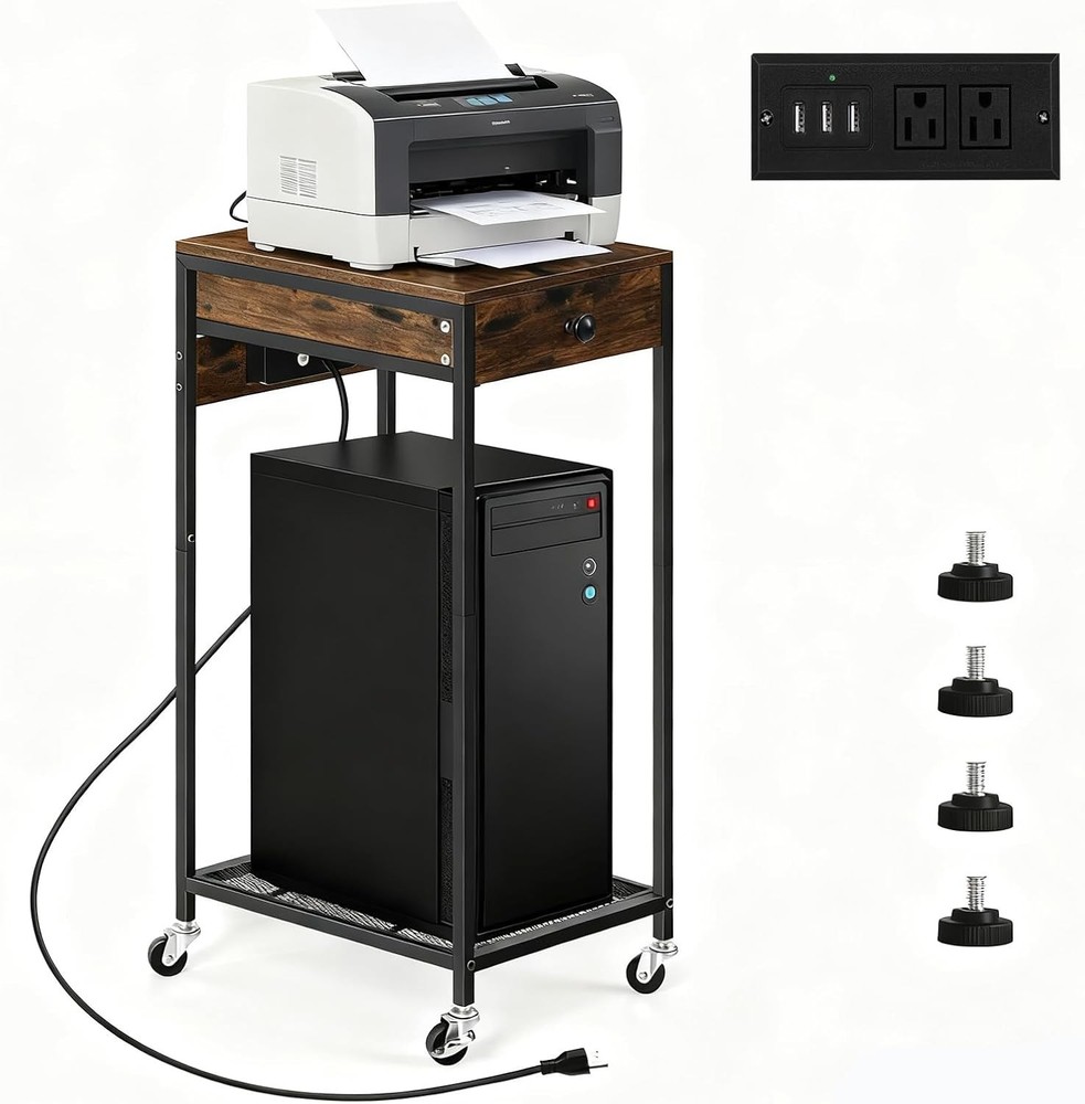 Printer Stand w/Storage Drawer Rolling Printer Table Desk w/Charging Station