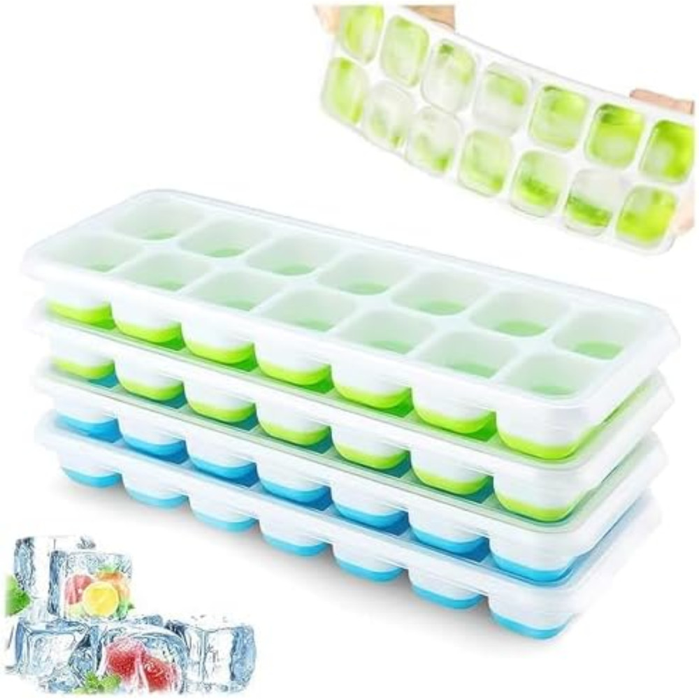 Ice Cube Tray, 4 Pack Silicone Ice Tray, 14 Ice Cube Molds with Lids, Stackable