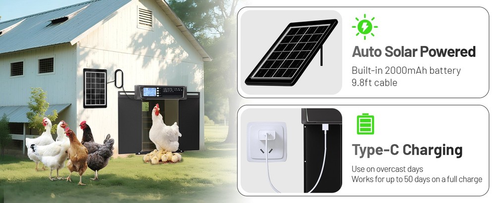 Solar Powered Chicken Door Opener Automatic Chicken Door W/ Timer, LCD Display