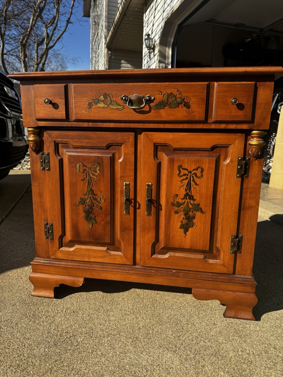 Antique Wood Sideboard Buffet with Brass Handles and Carvings
