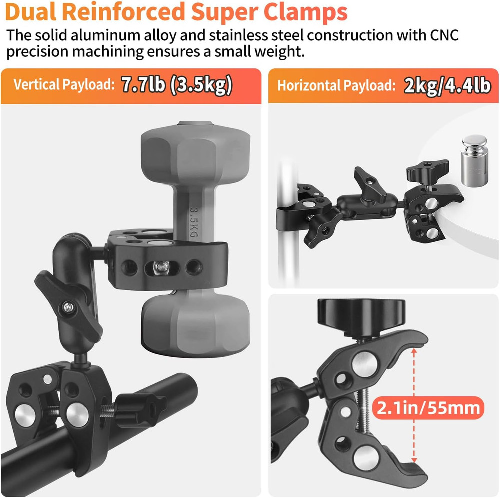 Double Super Clamp Camera Mount, Umbrella Holder Bracket with 360° Ballhead