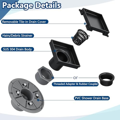 4-Inch Square Shower Drain with Removable Tile Insert Grate, 4 In Matte Black