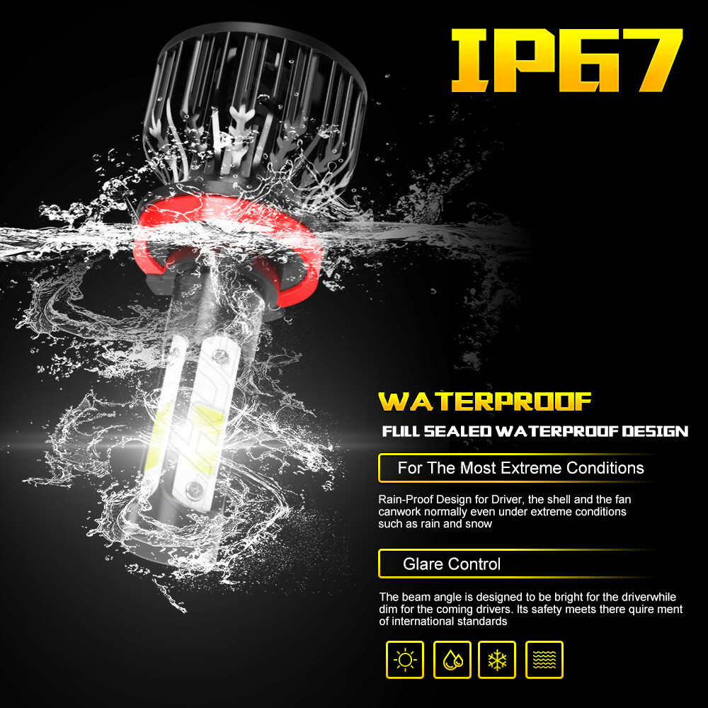 4-Sides H11 LED Headlight Kit Low Beam Bulbs Super Bright 6500K White 380000LM