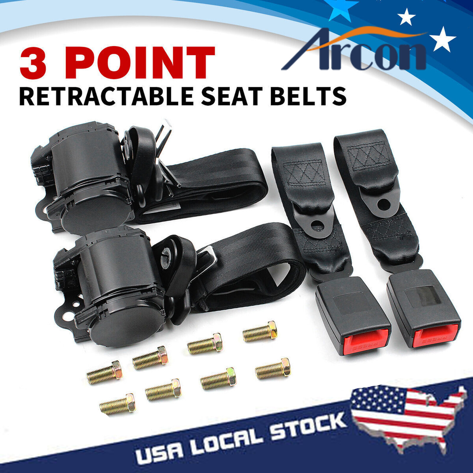 2 Retractable 3 Point Safety Seat Belt Straps Car Vehicle Adjustable Belt Kit