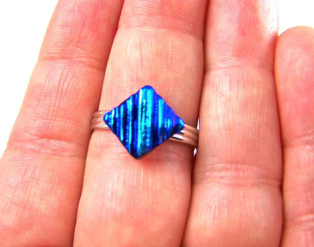 Dichroic Glass Ring Adjustable Tiny 1/4" 7mm Medium Blue Teal Ripple Texture