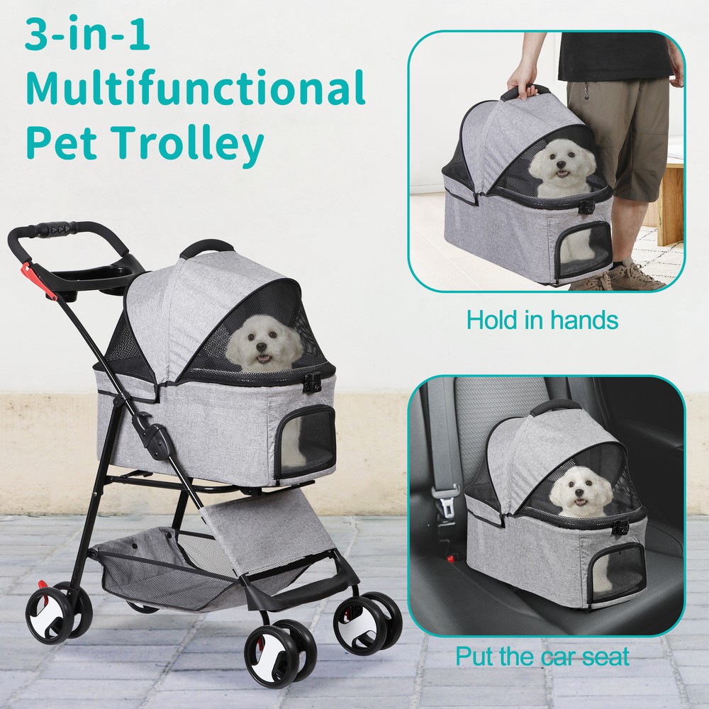 Dog Stroller Cat Stroller 3-in-1 Multifunctional 4 Wheels Lightweight Foldable