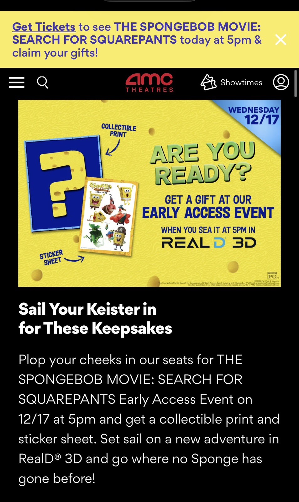 The SpongeBob Movie (2025) 18x12 Poster & Sticker Sheet AMC RealD 3D Fan Event