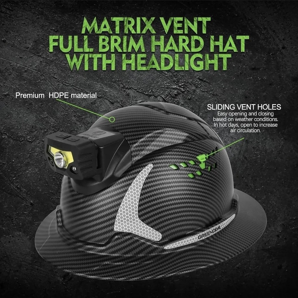 Construction Safety Helmet Vented with Headlight Matte Black GREEN DEVIL Matrix