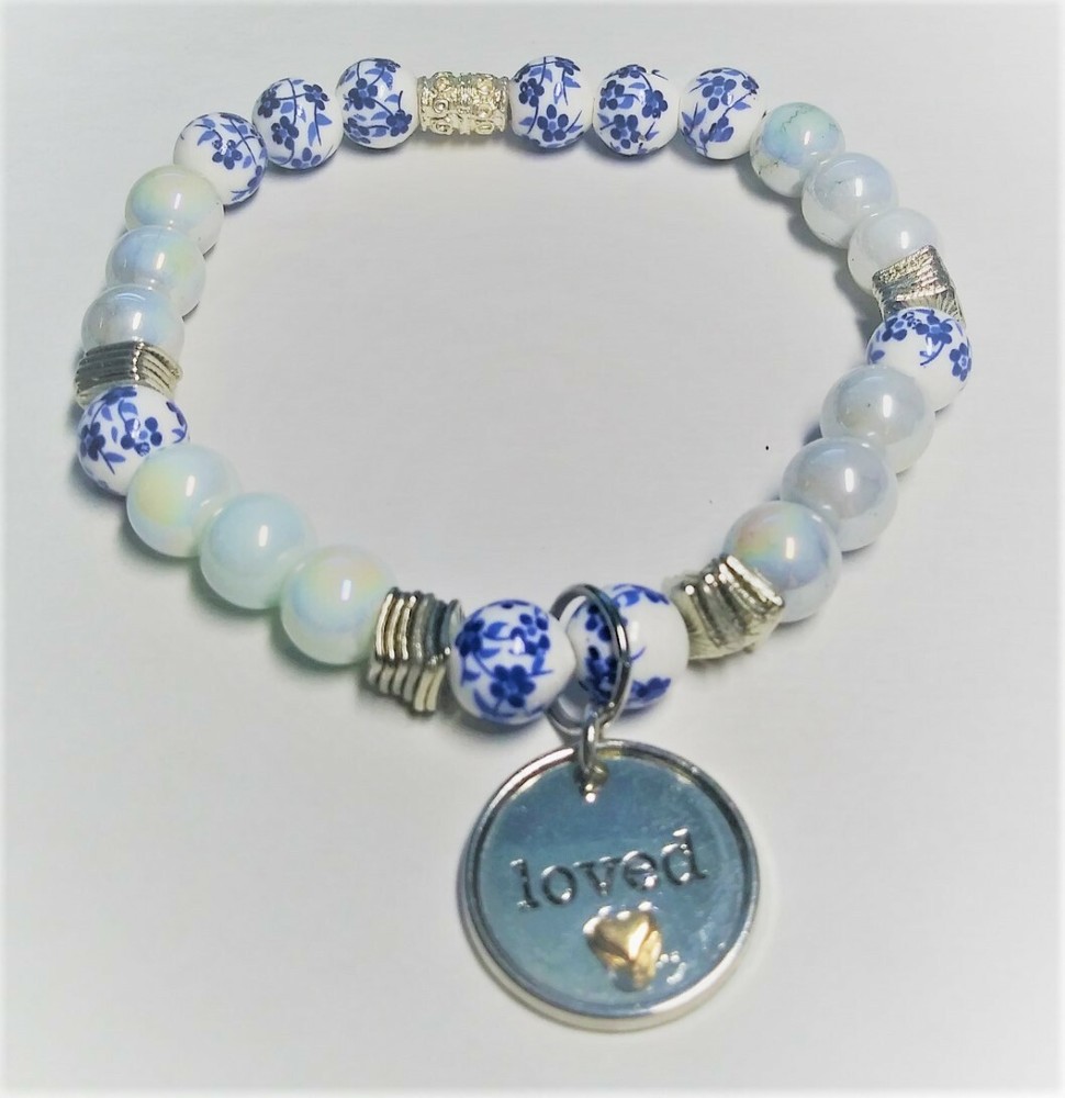 Blue Loved Charm Beaded Stretchy Bracelet