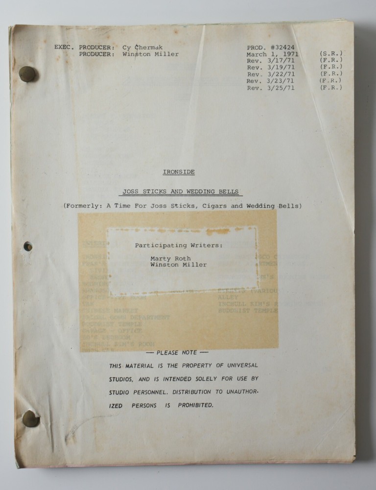 Original TV Script  Screenplay Martin Marty Roth IRONSIDE Joss Sticks 1971