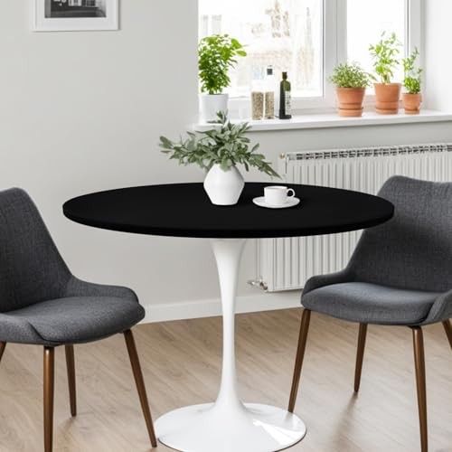 Round Elastic Fitted Tablecloth, Windproof Polyester Table 60" (Round) Black