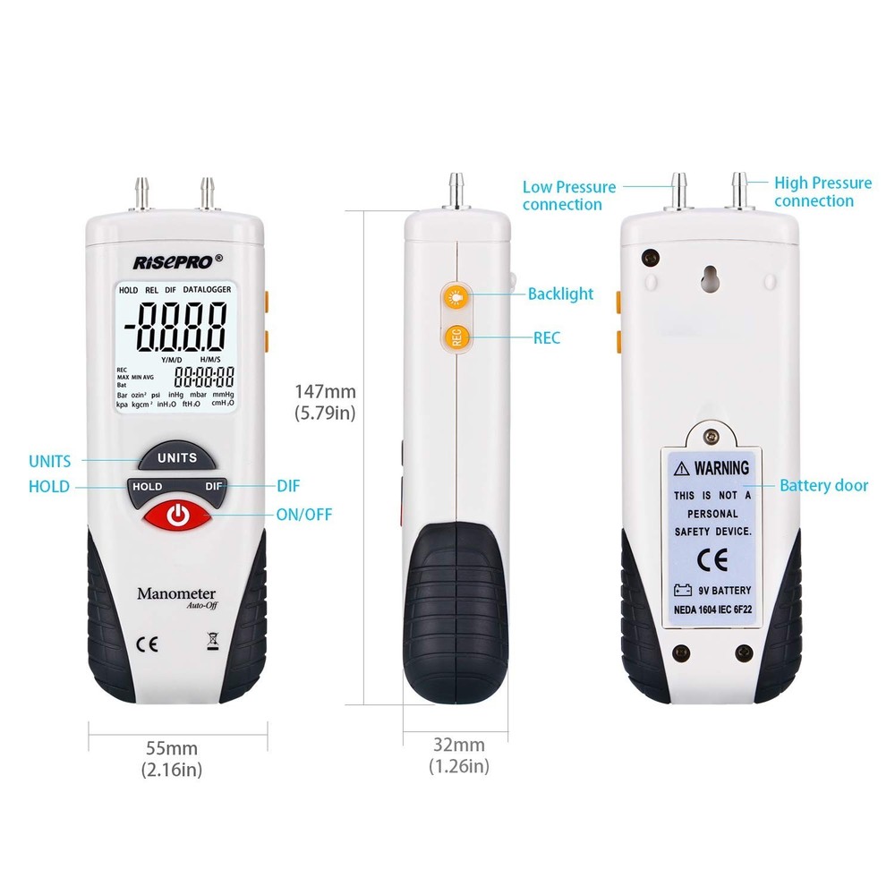 Lightweight Digital Manometer & Differential Pressure Gauge: 10 psi Max Capacity