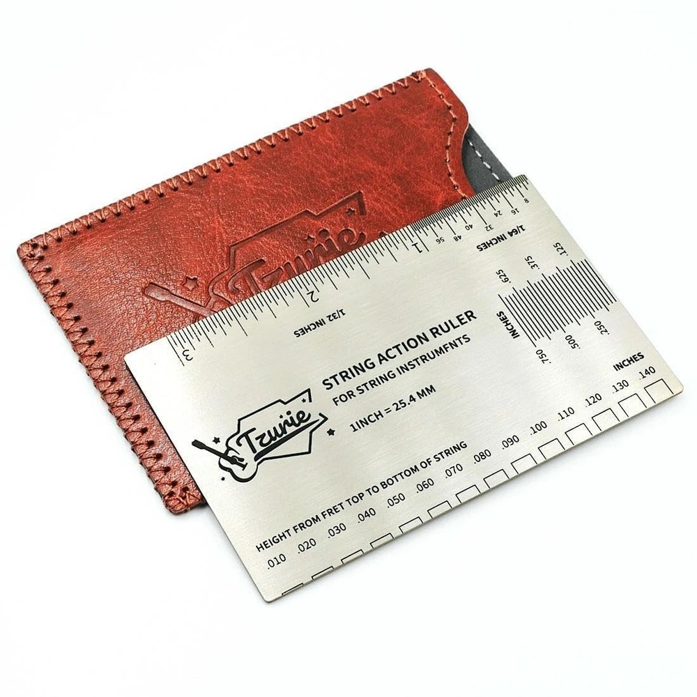 Tzurie Guitar String Action Gauge, Medium, silver ruler with brown case