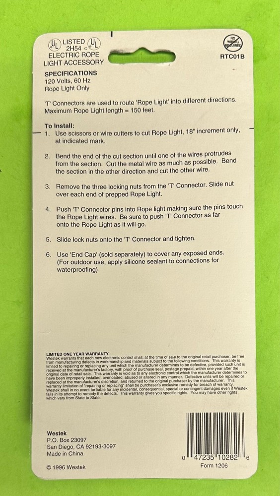 WESTEK RTC01B "T" Cable Connector for Rope Lighting White