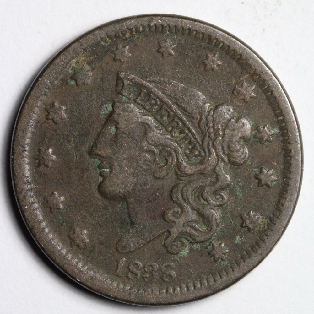 1838 Coronet Head Large Cent CHOICE VF E155 VYKCC