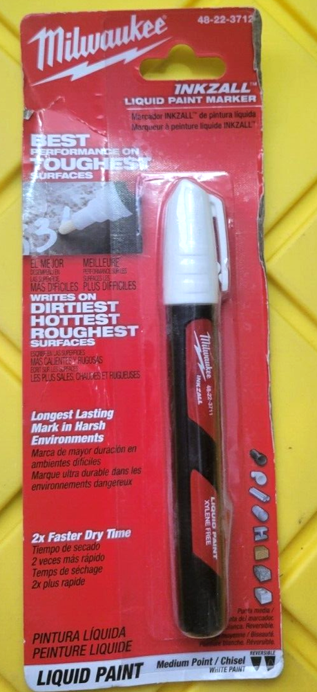 Milwaukee Inkzall White Liquid Paint Marker Reversible Medium Point Chisel Tip