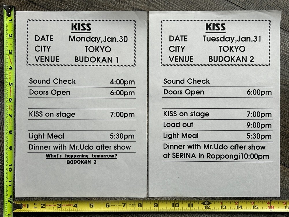 KISS Concert Backstage Sign Set Tokyo Japan 1995 Show Schedules Vintage Kiss
