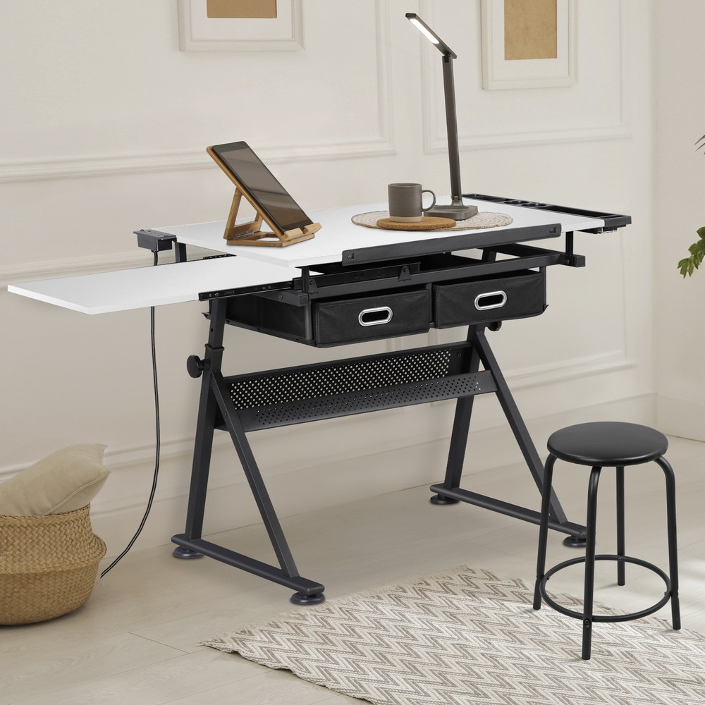 Multi Purpose Drafting Table Art Desk With Slide Out Surface and Charger, White