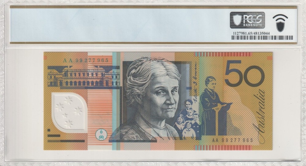Australia First Prefix AA99 Macfarlane Evans $50 Banknote PCGS 65 PPQ #5044