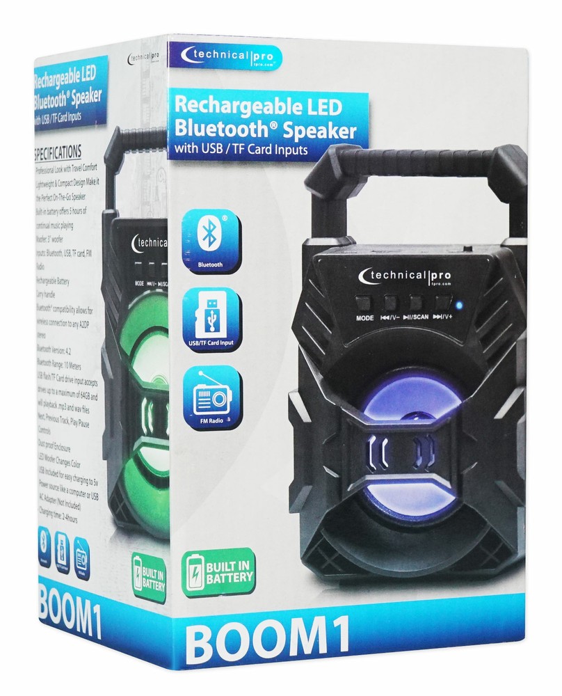 Technical Pro Portable Rechargeable Compact Bluetooth Speaker w/ LED's USB/FM/TF