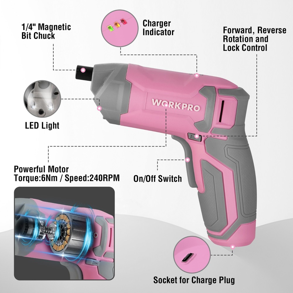 WORKPRO Pink Cordless Screwdriver Set 3.6V Electric Rechargeable Eccentric Power