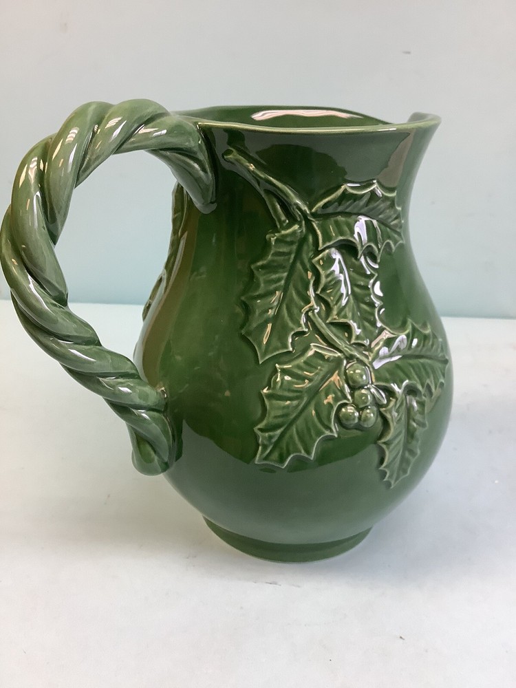 Italian Deep Green Holly Pitcher with Twisted Handle 7.5” H