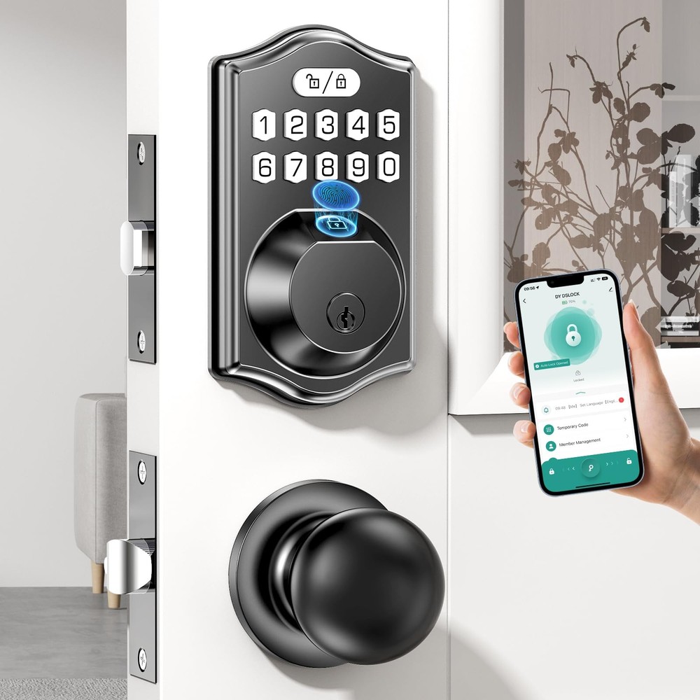 Keyless Entry Smart Lock Set: Front Door Fingerprint Deadbolt with Black