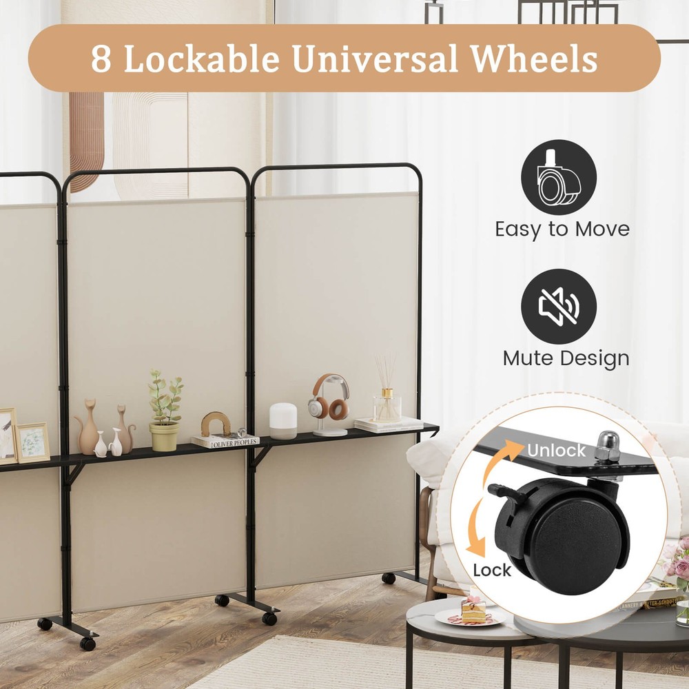 3-Panel Room Divider w/ Storage Shelves 6FT Tall Folding Privacy Screen on