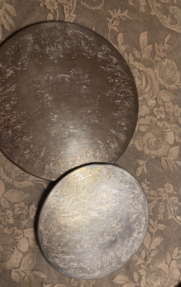Vintage Silverplate Trivet Set of 2 Engraved Solid Mid Century