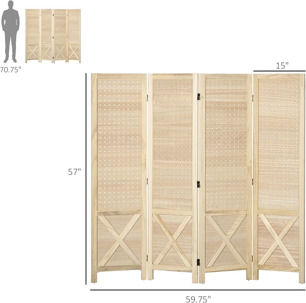 4 Panel Pegboard Display Room Divider 4.7' Tall Wood Folding Privacy Screen