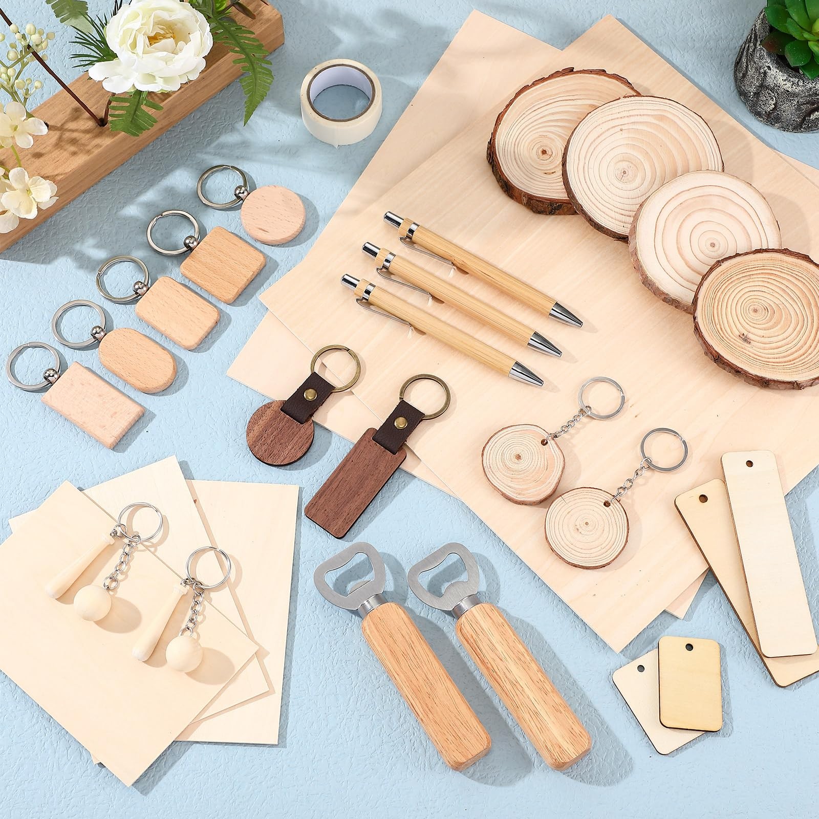 100 Pcs Laser Material Kit Engraving Blanks Wooden Keychains Blanks Set Laser Cu