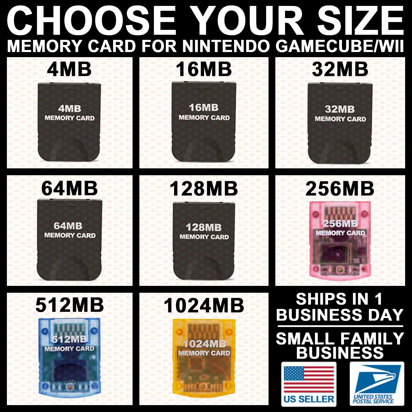 4/16/32/64/128/256/512/1024 MB Memory Card Blocks for Nintendo Wii GameCube NGC