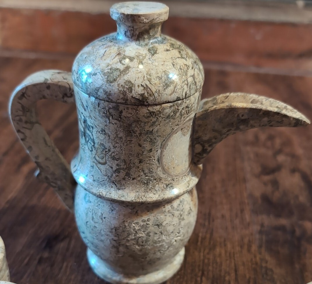 Vtg Marble Stone Tea Set: Pot + Six Cups Gray Brown Marble Patchwork