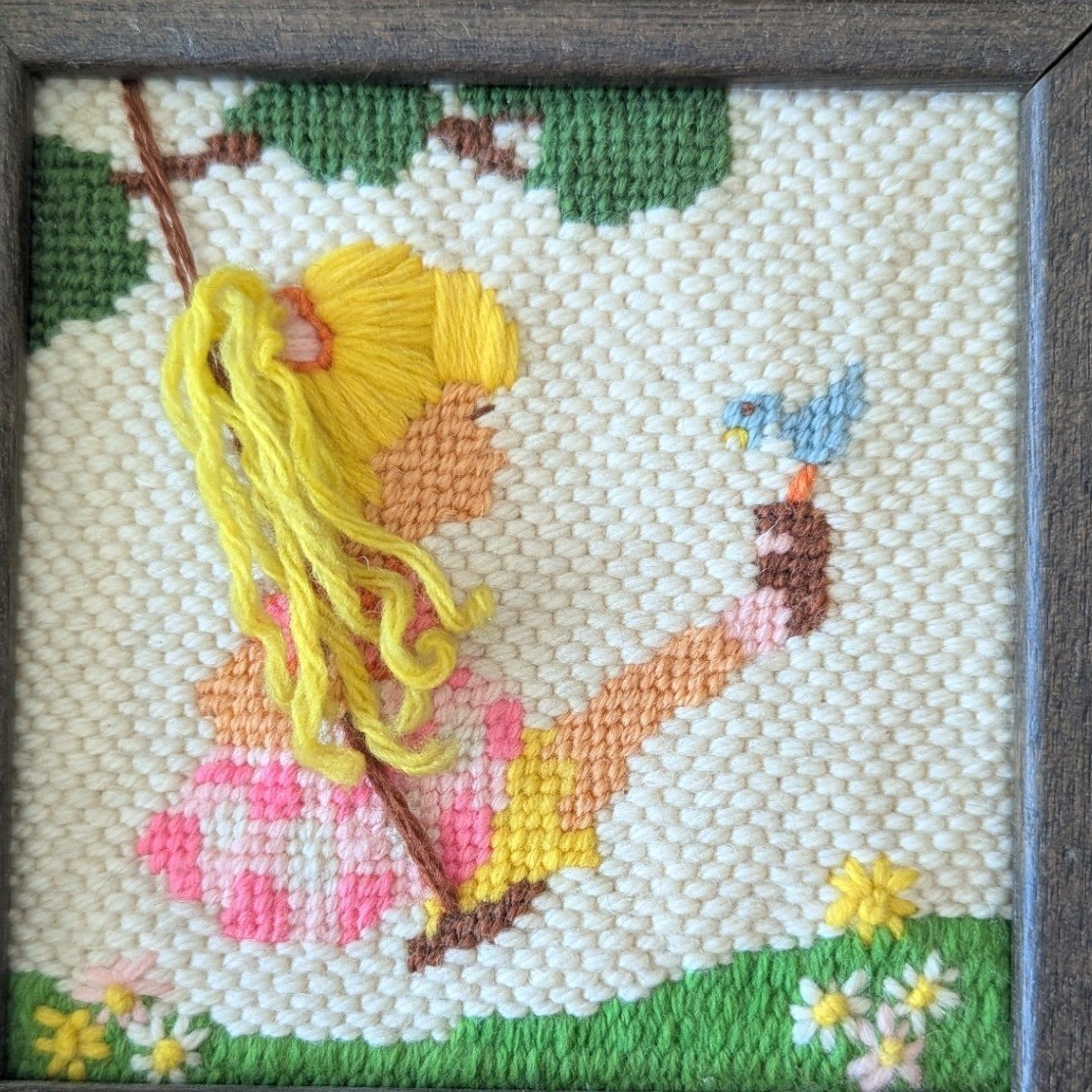 Vtg 70s Needlepoint Yarn Art Framed Set of 2 Little Girl Meadow Retro Nursey