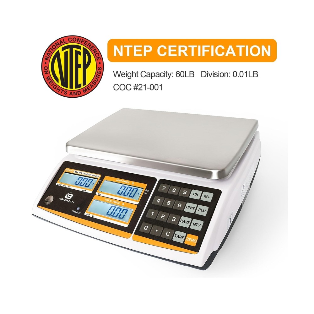BROMECH NTEP Certified Scale Price Computing, 60lb Capacity, 0.01lb Readabili...
