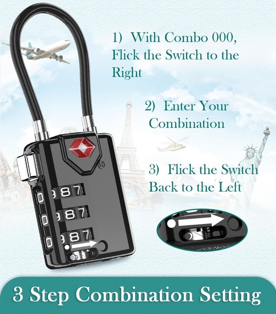 Travel Combination Cable Lock Set – TSA Approved, Versatile & Durable (3 Pack)