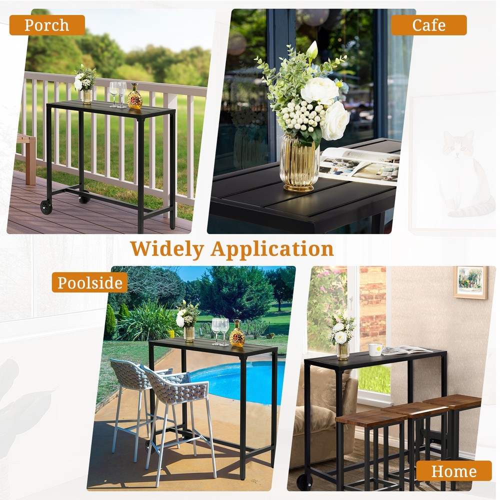 40" Outdoor Bar Table with Wheels, Rectangle Narrow Counter Height Table