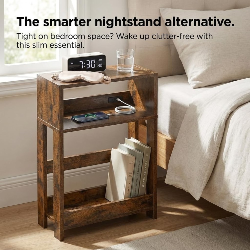 3-Tier Narrow Side Table Skinny End Table Bedside Nightstand Rustic Brown