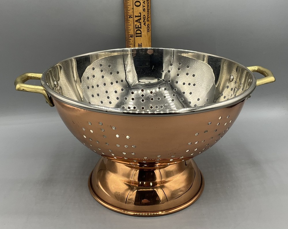 Vintage Solid Copper Colander Tin? Lined Strainer w/Brass Handles Korea