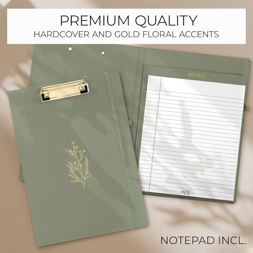 Aesthetic Clipboard Folio with Refillable Lined Notepad & Interior Pocket Sage