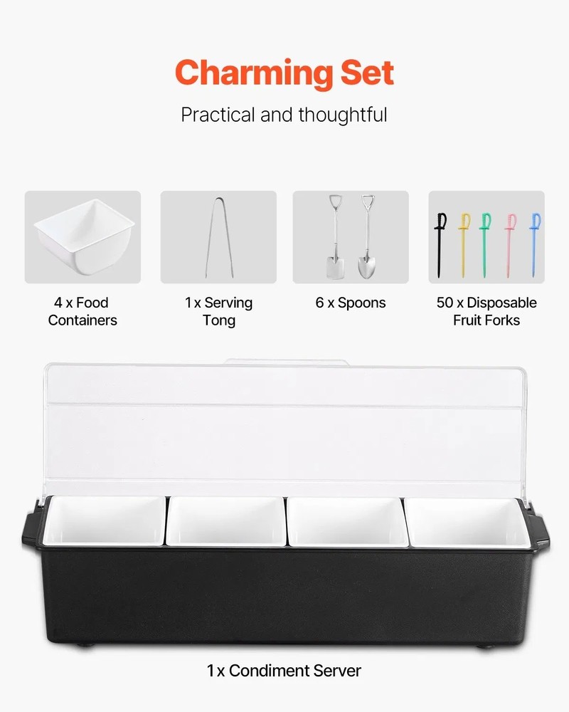 Chilled Condiment Server, 4 Compartment Ice Cooled Condiment Serving Container