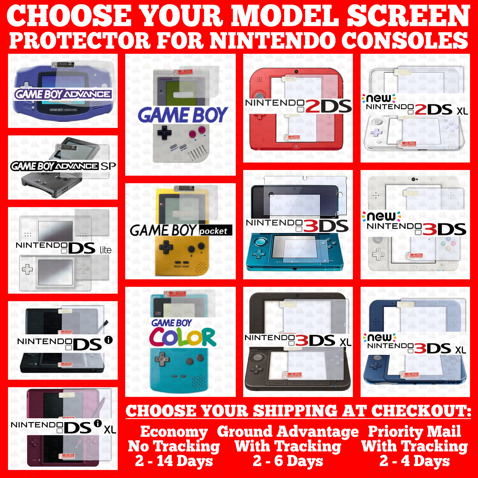 Film Screen Protector Nintendo GB/GBA/SP/GBC/GBP/DS Lite/New/3DS/2DS/DSi/XL/LL