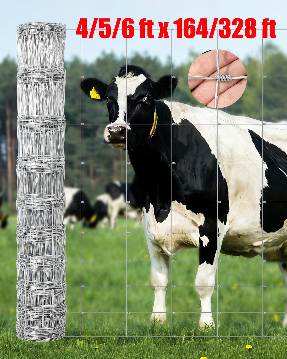 4/5/6ft x 164/328ft Farm Fence, Heavy Duty Galvanized Cattle Animals Fence