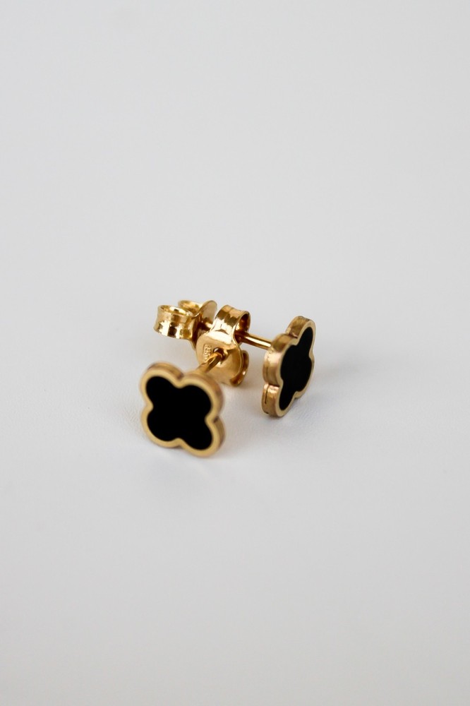 14K SOLID Gold Black Enamel Clover Studs, Push Back Earrings Enamel Studs 4 Leaf