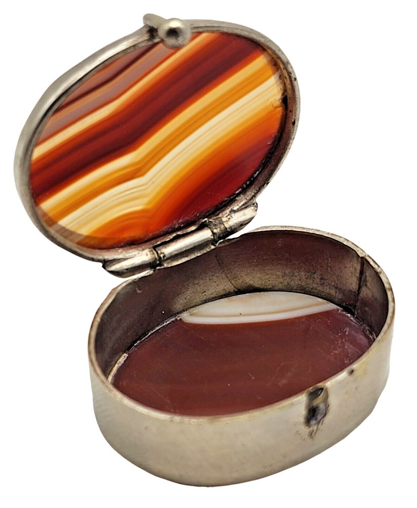 ANTIQUE Sterling Silver / Agate Oval Pill Box